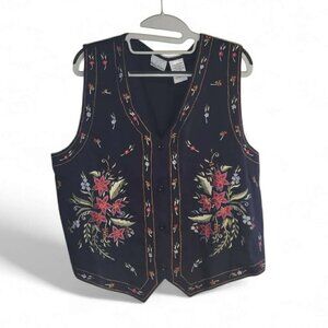 Bobbie Brooks Vest Vintage Embroidered  L 12/14 Christmas Flowers
